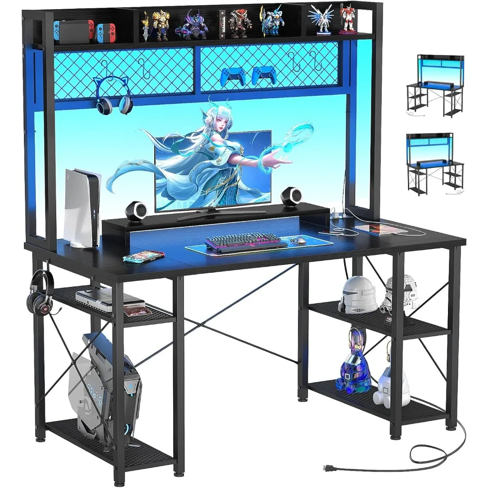 Upgrade Gaming Desk with Hutch, 48'' Magic Computer Desk with LED Lights and Outlets, Reversible Workstation Desk with Pegboard