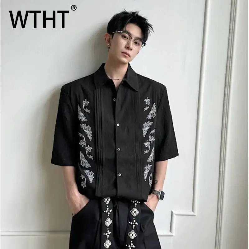 

WTHT Fashion Men's Pleated Print Contrast Color Loose Shirts Trendy American Style Short Sleeves Tops Male 2026 Summer 2A3056