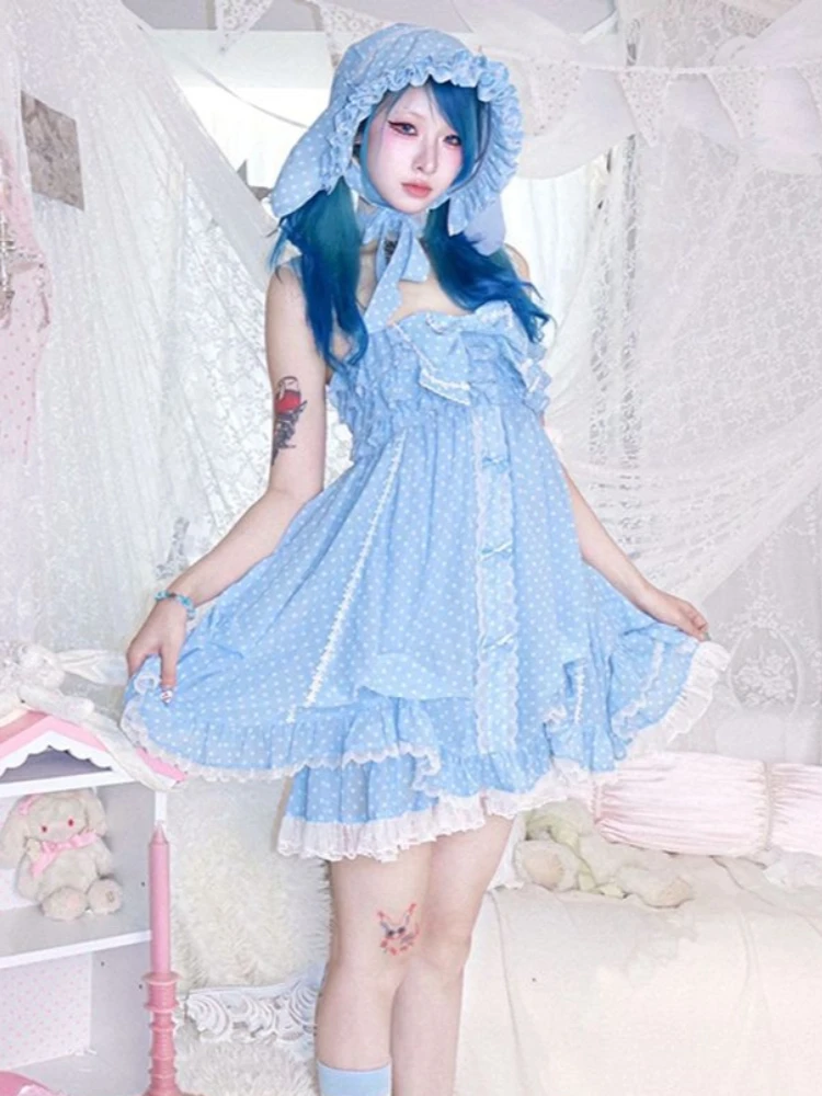 Japanese Vintage Gothic Kawaii Polka Dot Dress Set Women Y2k Gothic Black Bow Cute Dresses Fashion Sleeveless Strap Mini Dresses image 3