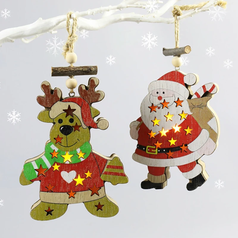 New Cartoon Decoration Wooden Glowing Santa Deer Ornament Chain Fun Cute Festival Christmas Tree Pendant Creative Christmas Gift