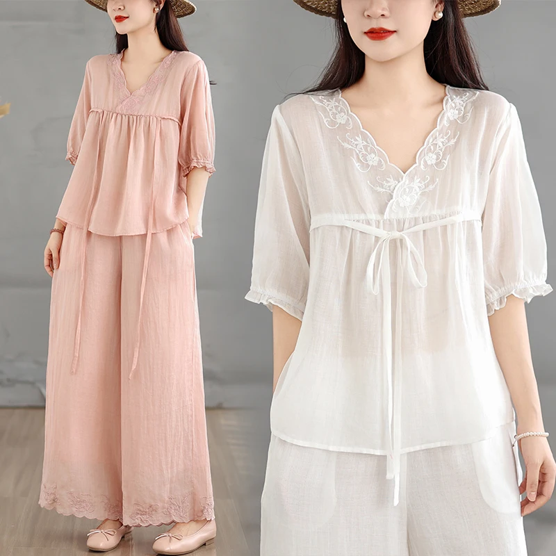 

Elegant Embroidered Cotton Linen Set Women's Summer Lightweight V-Neck Shirt Wide Leg Pants Two-Piece Suit Traditional Chines...