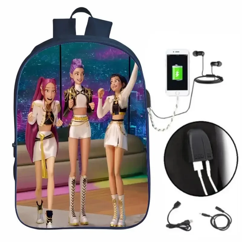 

AIAI 202512 Colors Kpop Demon Hunters Print Backpack Anime School Bags With USB Interface Halloween Leisure and Travel Bag