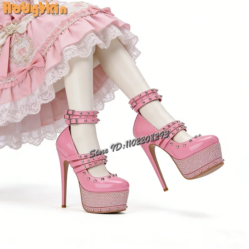 Sexy Pink Rivet Pointed Pumps Solid Crystal Platform Buckle Straps Stilettos 2026 Summer Women New Fashion Dress Shoes Lolita