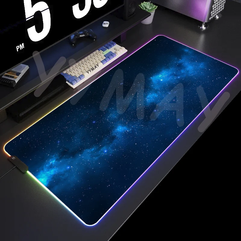 Imagem -02 - Rgb Led Grande Gaming Mouse Pad Céu Estrelado Mousepad Espaço Mouse Mats Almofadas de Teclado Xxl Tapete de Mesa Luminoso Retroiluminado