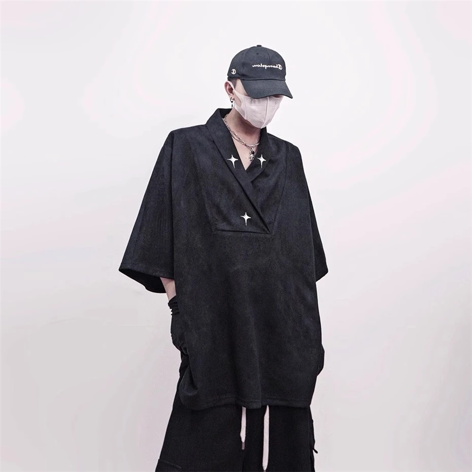 Stars V-Neck T Shirt Mens Streetwear Hip Hop Punk Short Sleeve T-shirts Oversized Harajuku Vintage Loose Casual Tees Tops