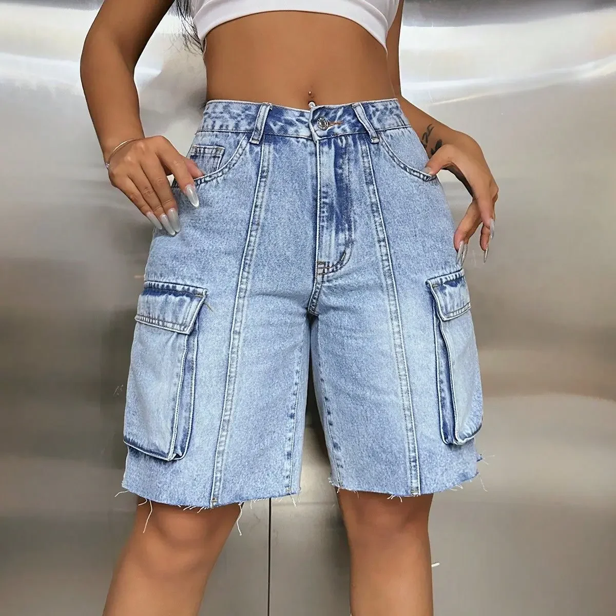 

Women's High Waist Denim Shorts Utility Pocket Cargo Style Loose Fit Summer Casual Shorts