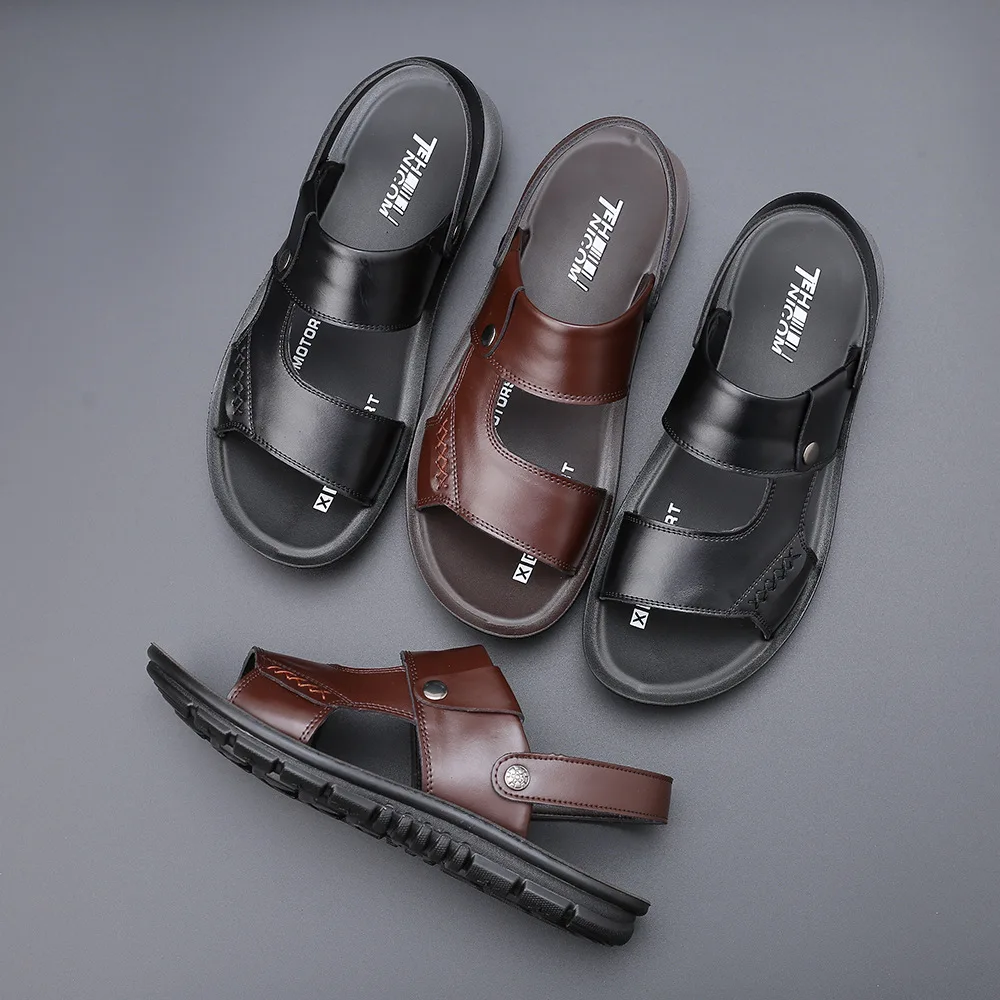 2024 Summer New Fashion Men Shoes Vintage Cow Leather Non-slip Beach Slip-On Sandals Travel Flip Flop Slippers Black Brown