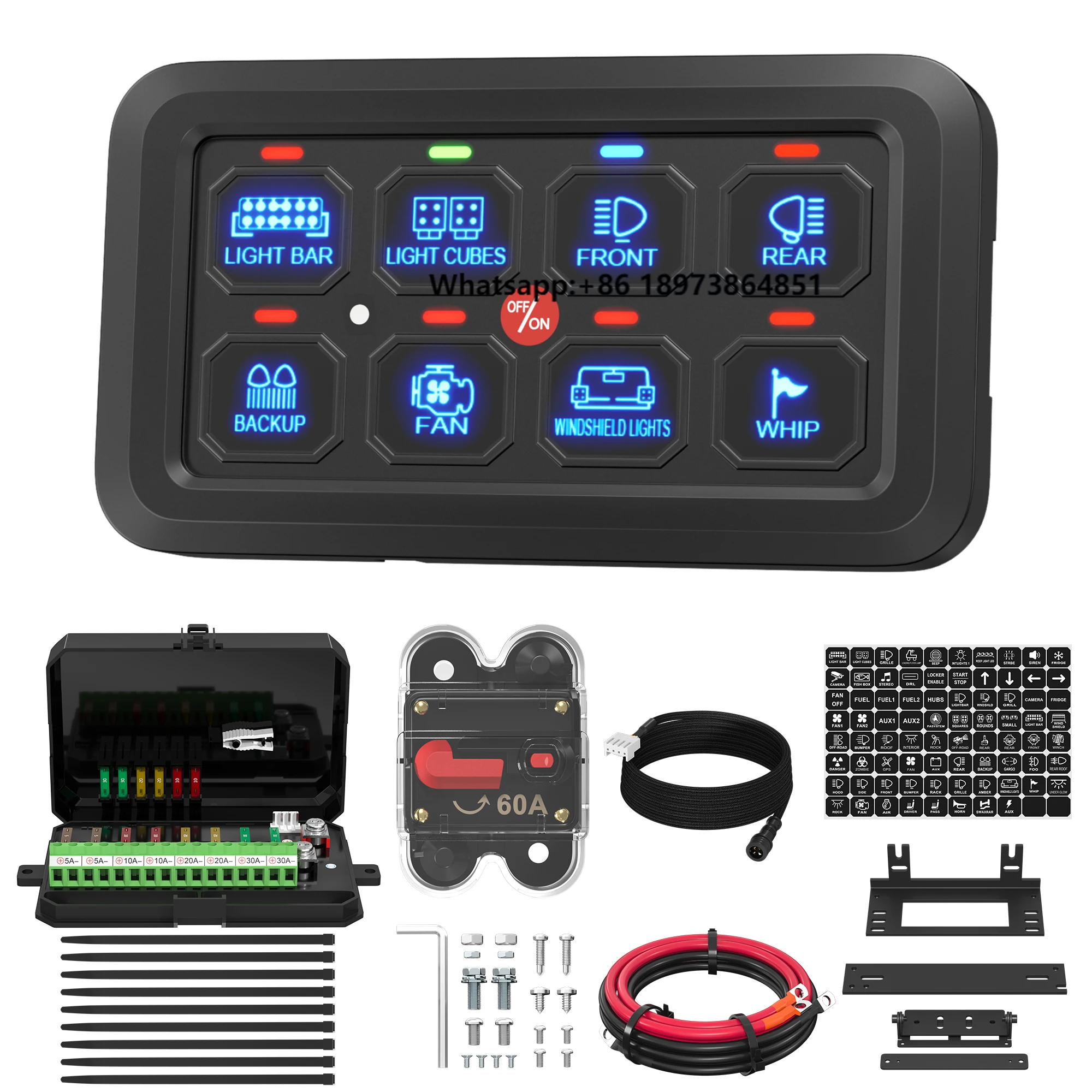 

8Gang Switch Panel ACC Blue-tooth 12V 24V Switch Panel with LED Waterproof Relay Box &Wiring Harness Marine/Car/RV Smart Control