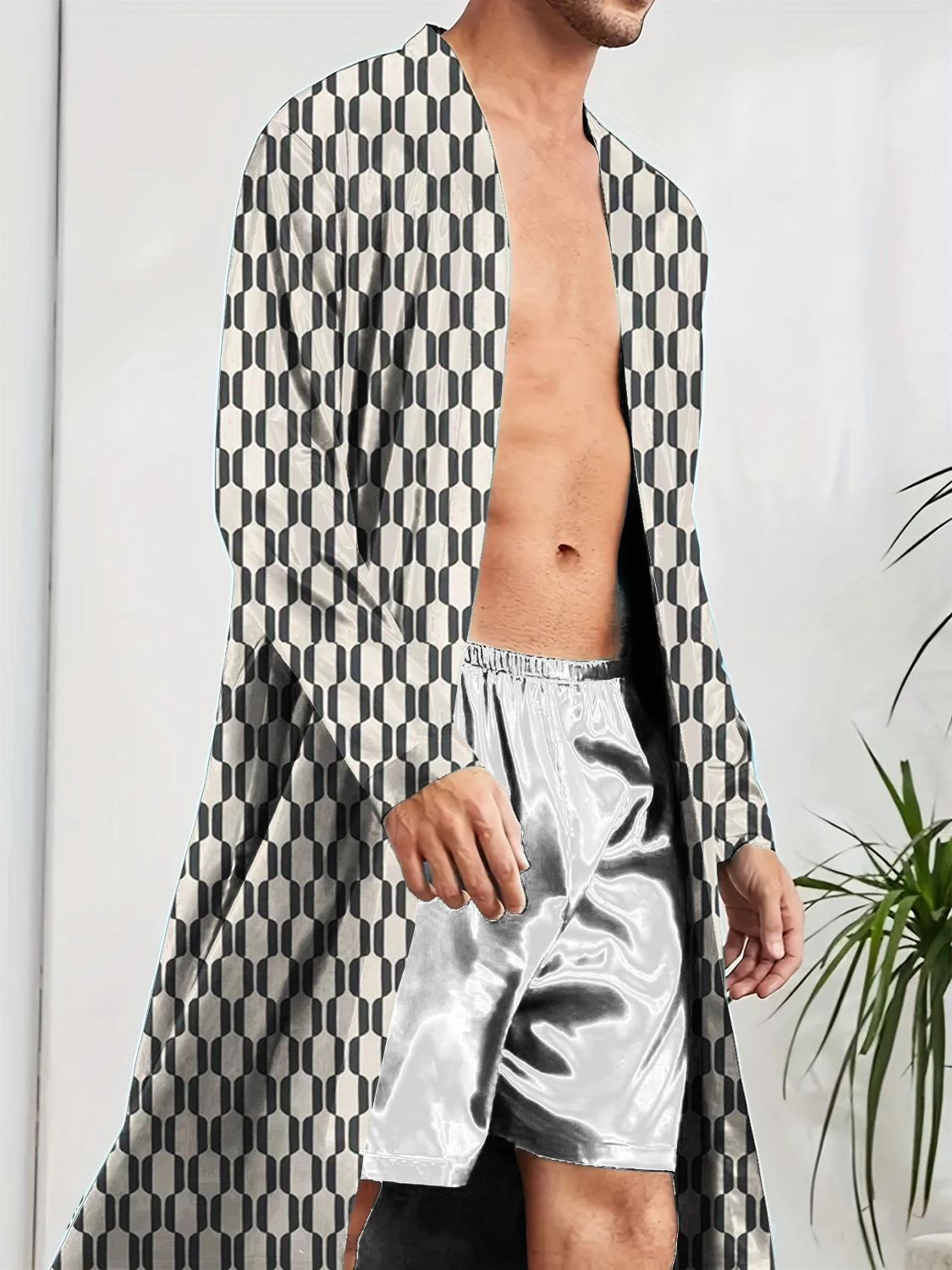 Spring and Autumn Men's Long Robe Funny Pajamas with Digital Printing, Trendy Home Casual Nightgown, Quick Drying