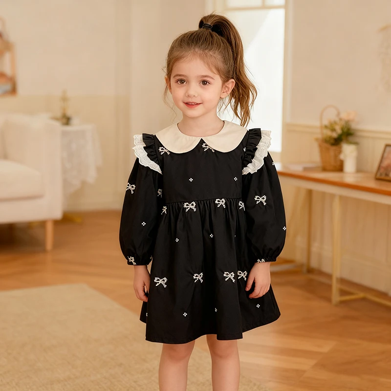 Herbst 1-6Yrs Mädchen Prinzessin Kleid Baby Mädchen Kleidung Stickerei Baby Mädchen Kleidung Ein Stück Kleidung Schmetterling Kragen Kinder Kleid