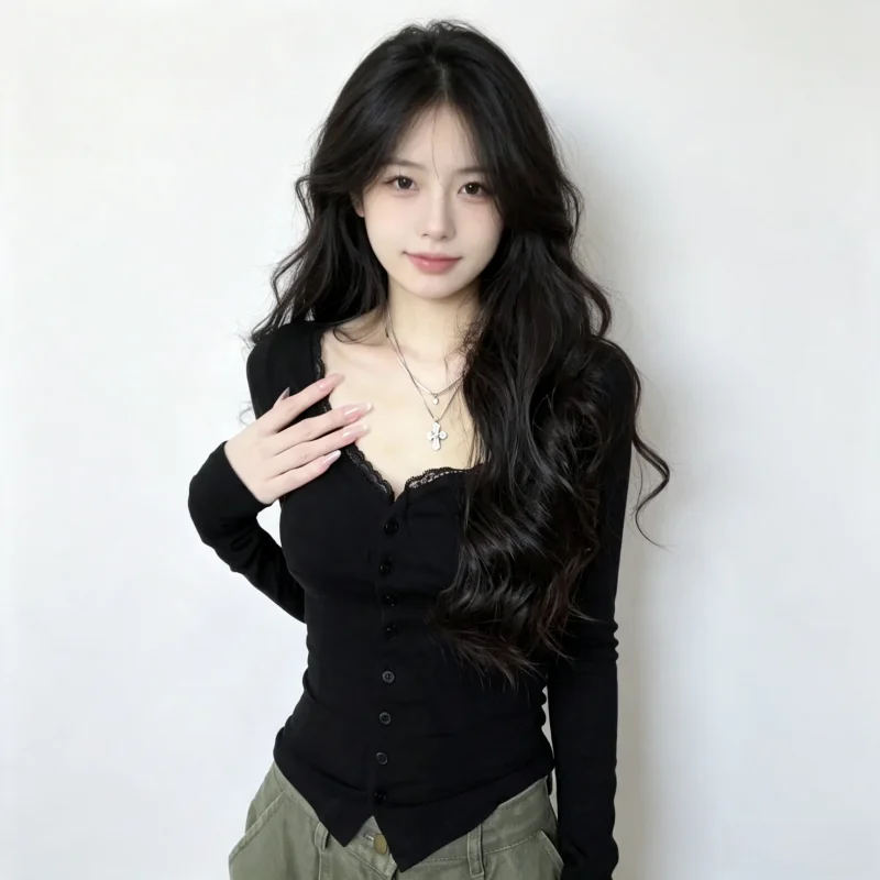 Women's Slim Fit V Neck Long Sleeve T-shirt Pure Desire Sexy Cropped Top Unique Hot Girl Layering Basic Autumn New