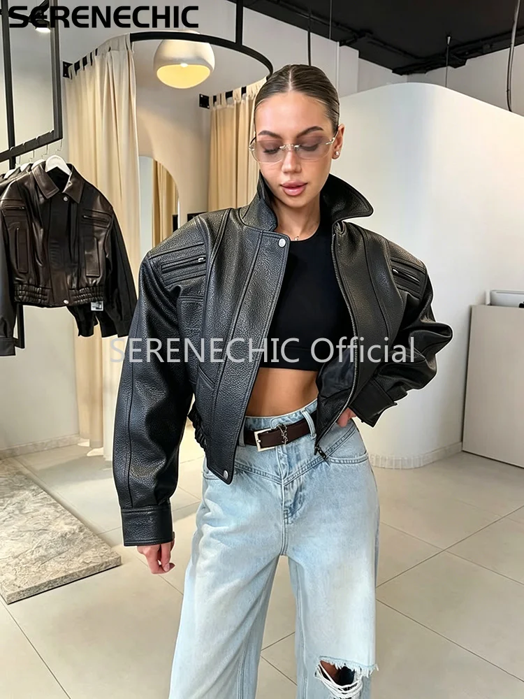 SERENECHIC Textured PU Aviator Coat with Elastic Hem Women's Black Cropped Faux Leather Jacket New Vintage Outerwear Female