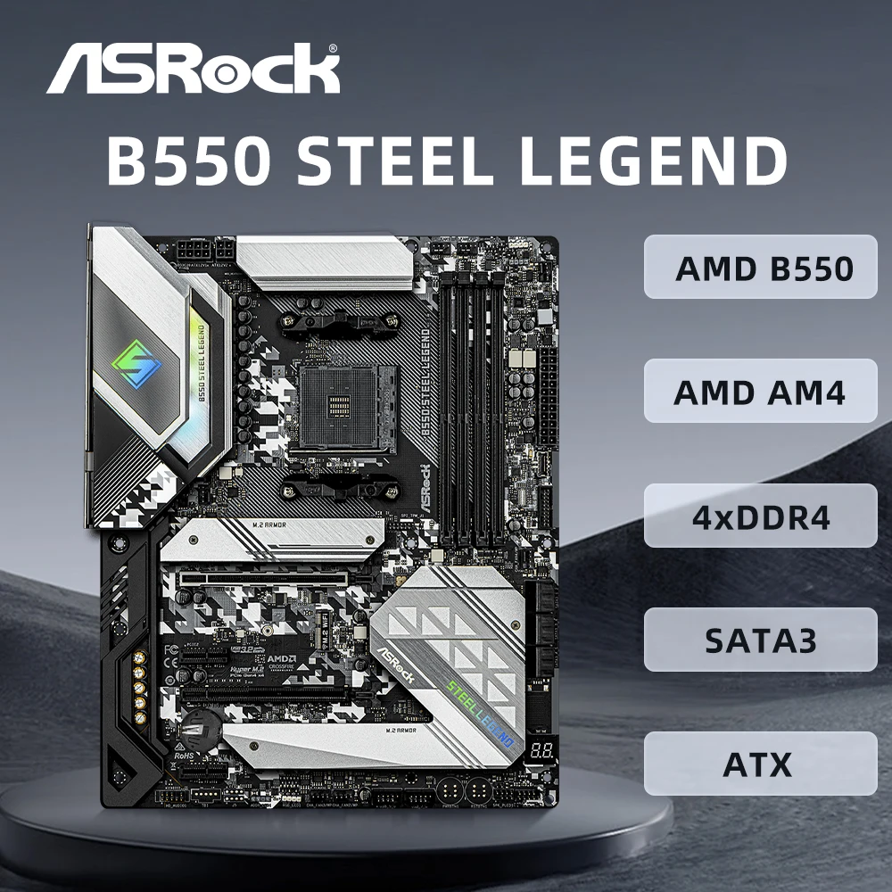 ASRock B550 Steel Legend Motherboard Support Ryzen 9 5900X Ryzen 7 5700X3D 5800X3D CPU 4xDDR4 4733MHz M.2 NVME mATX Mainboard