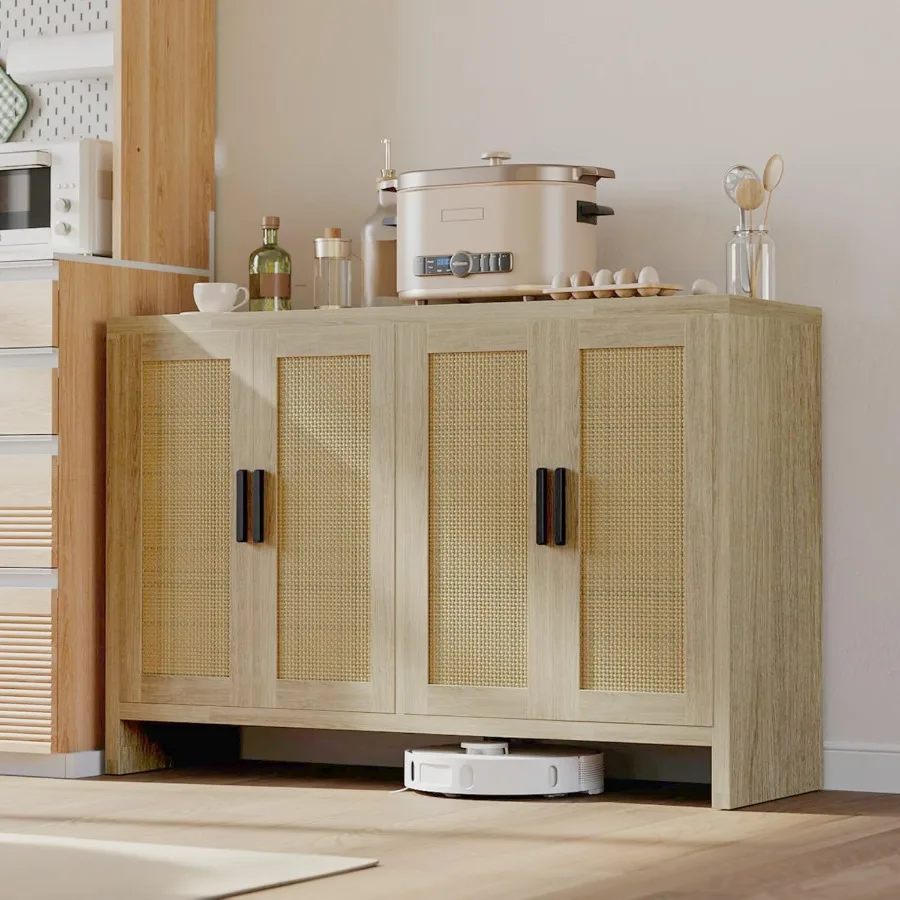 Rattan Buffet Cabinet with Storage Sideboard Featuring Doors for TV Stand Farmhouse Style Coffee Bar Modern Wood Storage Cabine