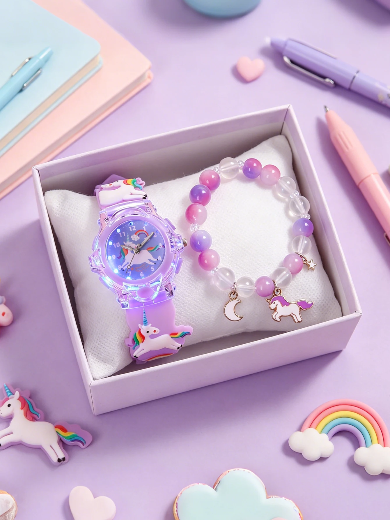 Kids Unicorn Watch & Bracelet Set LED Light Wristwatch Jewelry Gift Box for Girls