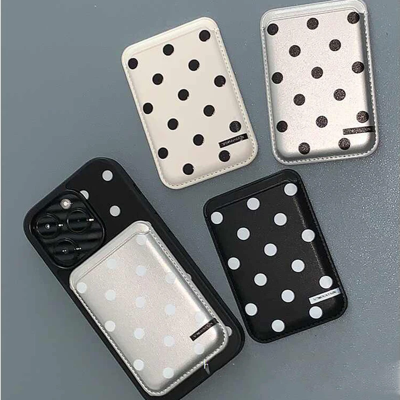 Korean Ins Black & White Simple Polka Dots For Magsafe Card Holder Case For IPhone 18 17 Air 16Pro Max Samsung Silvery Card Bag