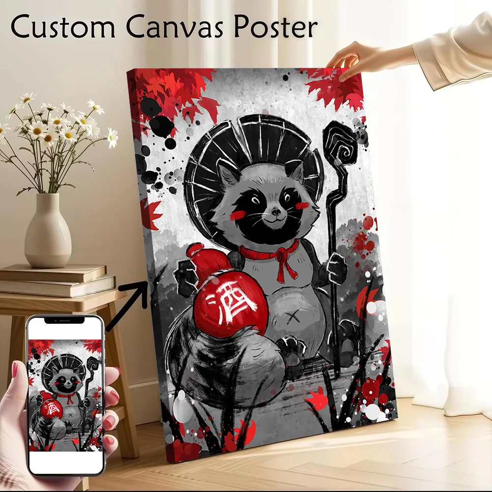 Tanuki Illustration With Sake Bottle Printed Canvas Poster Custom Pictures Wall Art Canvas Painting for Gamer Decoration Room