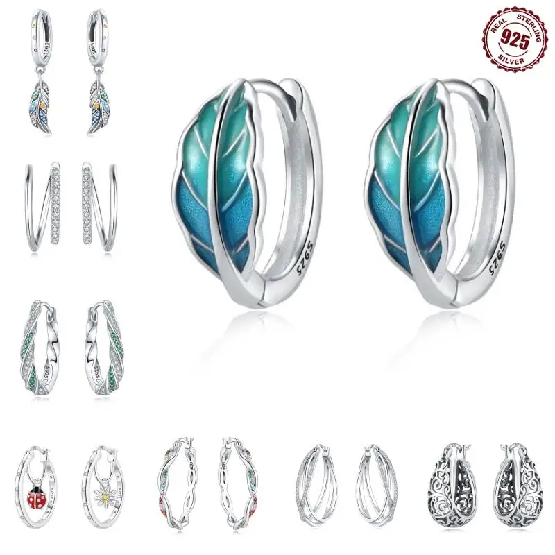 

Hot Sale 925 Sterling Silver Double Hoop Earrings zircon Fit Original Charms Diy Fine Jewelry Gift For Women Making Accessories