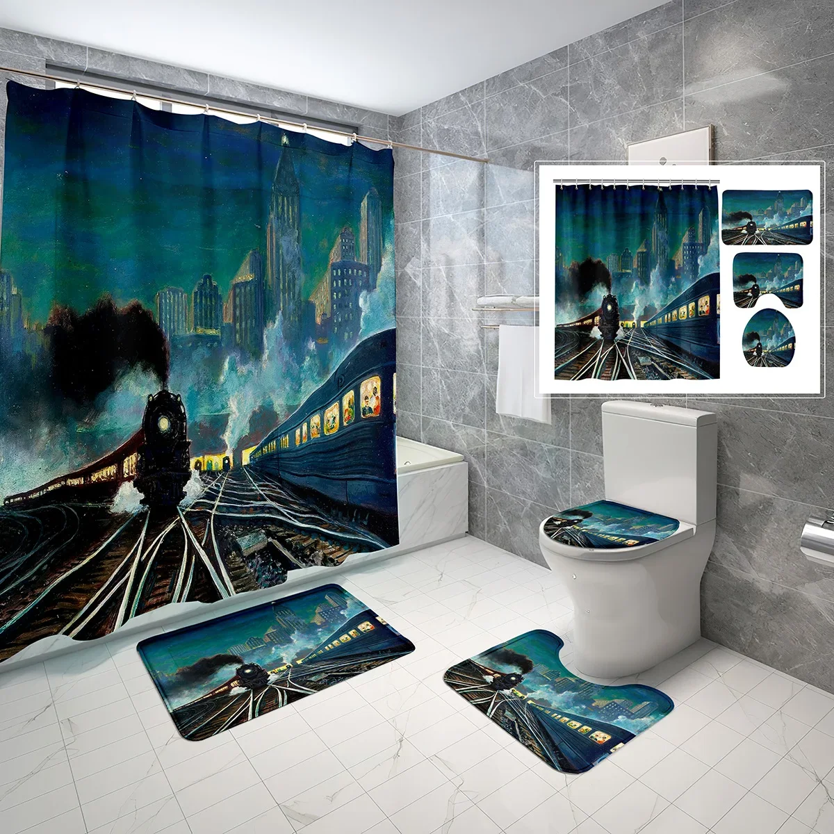 4 Pcs Steam Train Shower Curtain Sets Classic Locomotive Railway Non-slip Bath Mat Toilet Lid Waterproof Shower Curtain Set