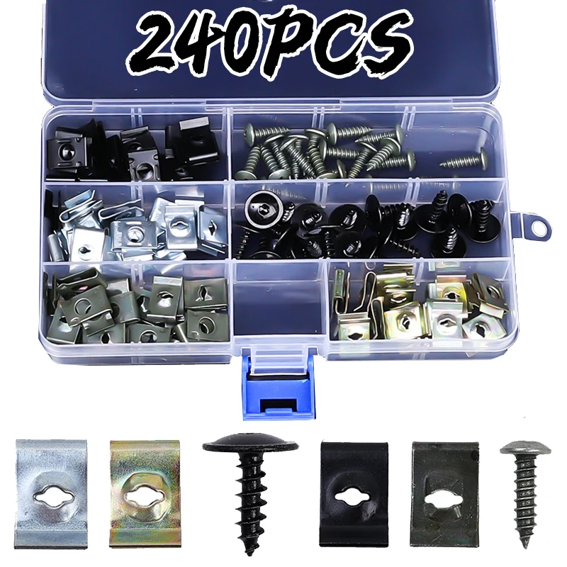 

120/240Pcs Car Buckle U-shaped Clip Boxed Self-tapping Screw Fasteners Auto Modification Clip Metal Car Protection Accessories