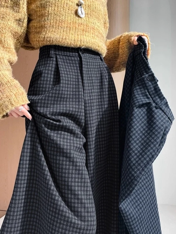 

Retro Tweed Plaid High Waist Loose Straight Leg Pants Women's Autumn Casual Wide Leg Trousers Comfortable Slimming Effect