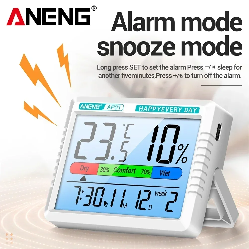 ANENG AP01 Digital Thermometer Hygrometer Indoor Mini Temperature Humidity Monitor Meter Alarm Clock Rechargeable Test Tool