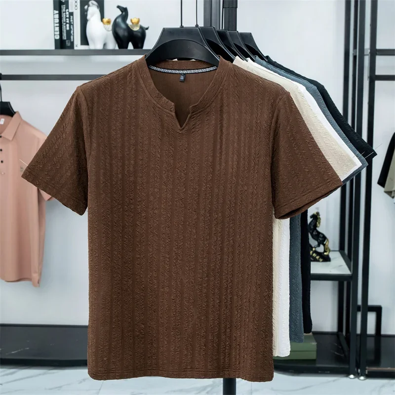 Men vertical textured short sleeve t shirt notch v neck bubble fabric breathable slim fit summer daily commuting casual top