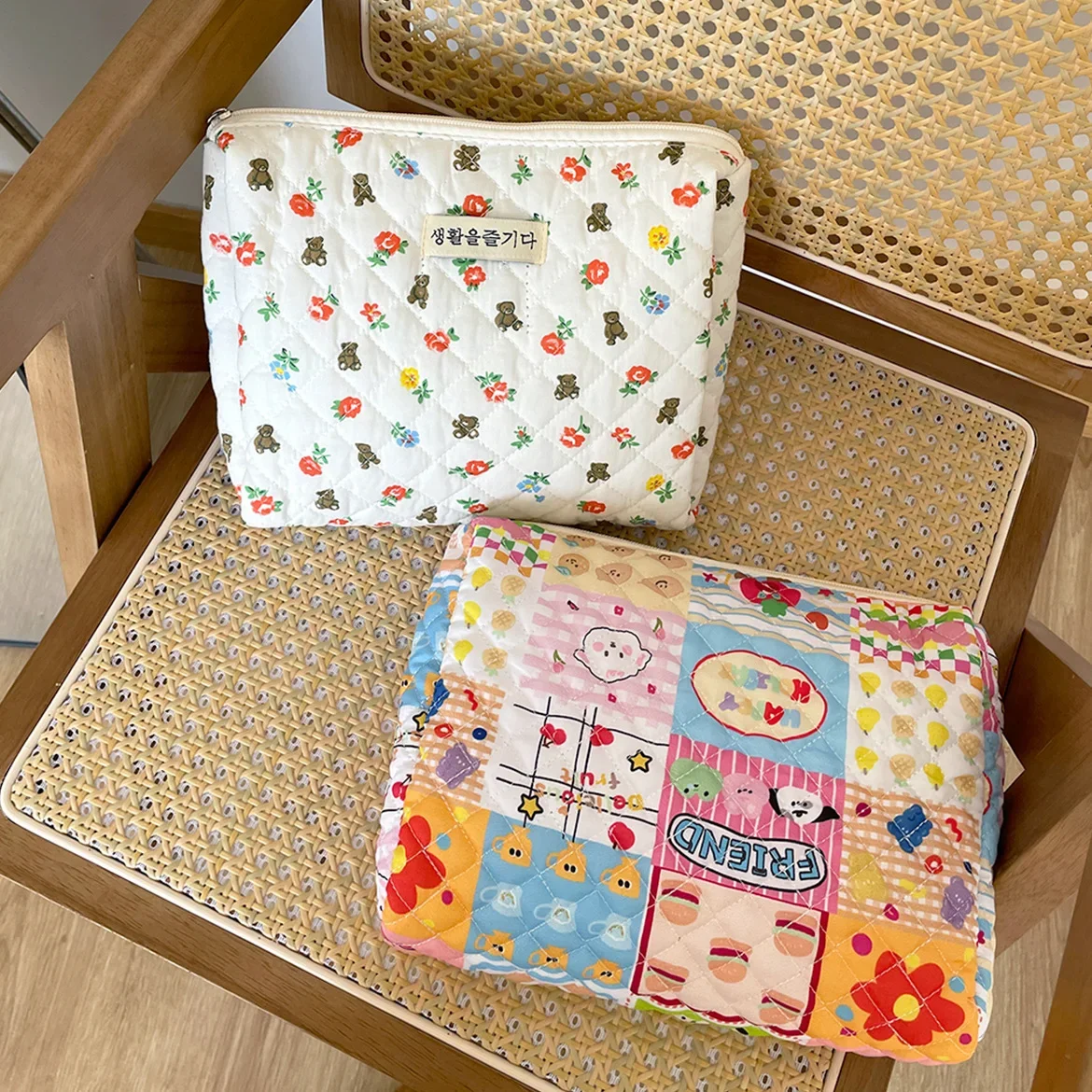 Flower Bear Women Cosmetic Bag Cute Cartoon Ladies Quilting Makeup Bags Female Clutch Purse Travel Toiletry Storage Handbags