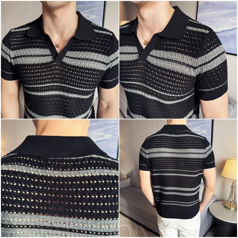 Men\'s summer cut-out short-sleeve Polo Shirts Male slim fit Striped fashion high quality knitted Polo shirts Man Tops 3XL-M