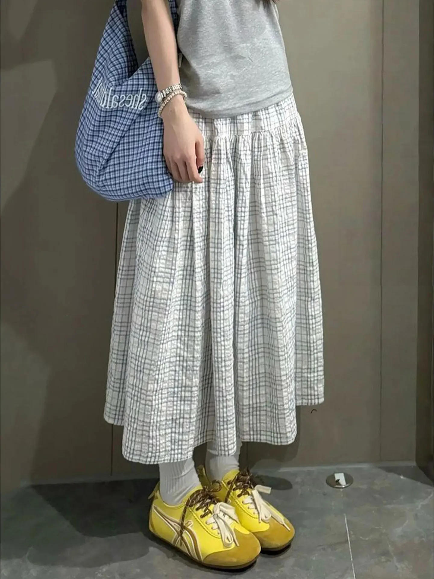plus Size Women's Plaid A-Line Midi Skirt Spring Summer New Style Umbrella Skirt Pleated Flared Skirts Casual Comfortable