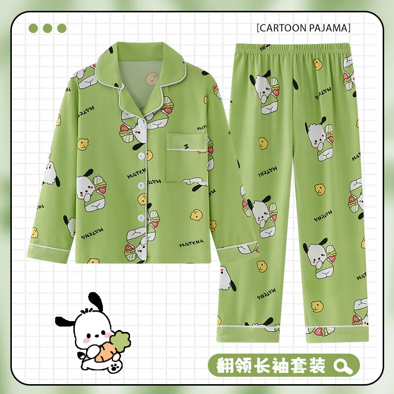 

2Pcs Pochacco Children Pajama Set Cartoon Girls Boys Anime Korean Autumn Print Casual Loose Lapel Long Sleeves Pants Homewear