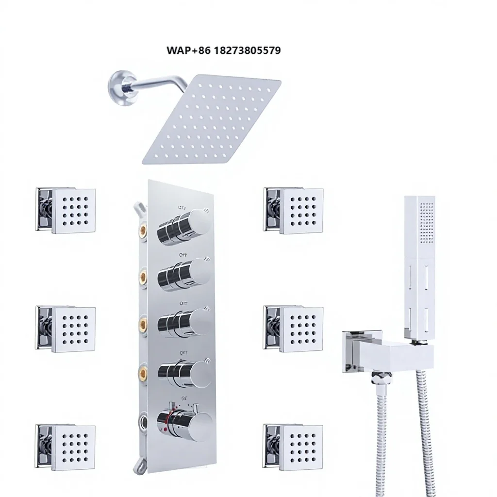 Overhead Shower Set 3 Handle LED 16x32 Inch Ceiling Mount Rainfall 6 Inch Wall Head 4 Function Square Shower Head
