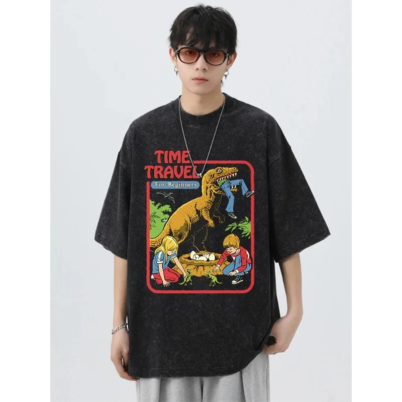 

2025 Stealing Dinosaur Baby, Washing Retro T-shirt, Men's Fashion Clothing, Summer Casual Top, Hip Hop Loose