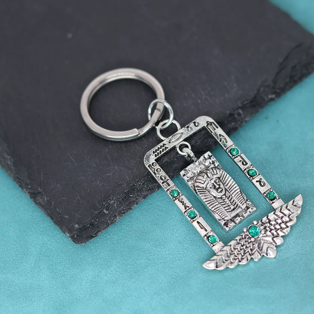 Anubis Pendant with Red Cubic Zirconium Gemstones Keychain Ancient Egyptian Gods Necklace with Hieroglyphics Amulet Key Chains