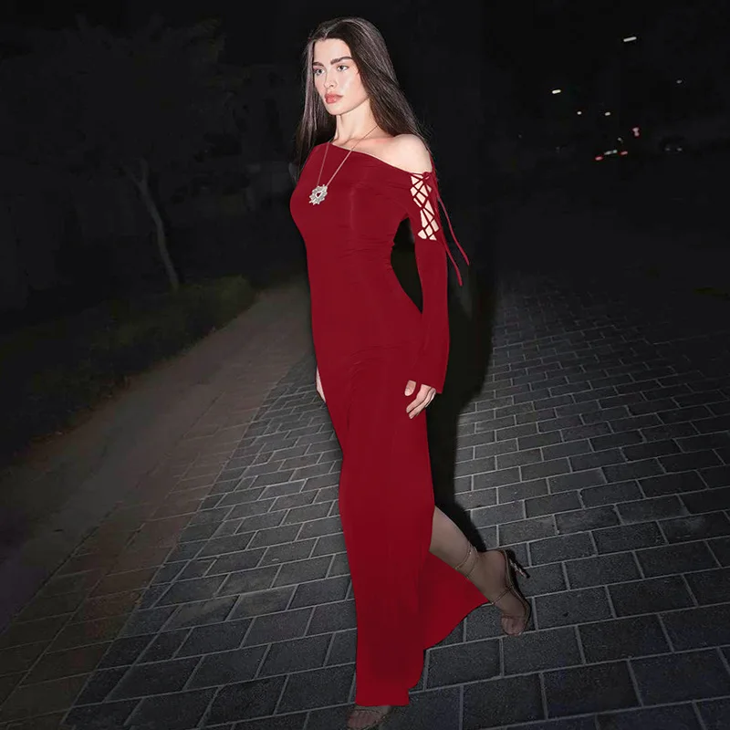 

Autumn Winter Maxi Dress for Women Elegant Off The Shoulder Slim Evening Party Dresses Red Bandage Christmas Outfits 2024