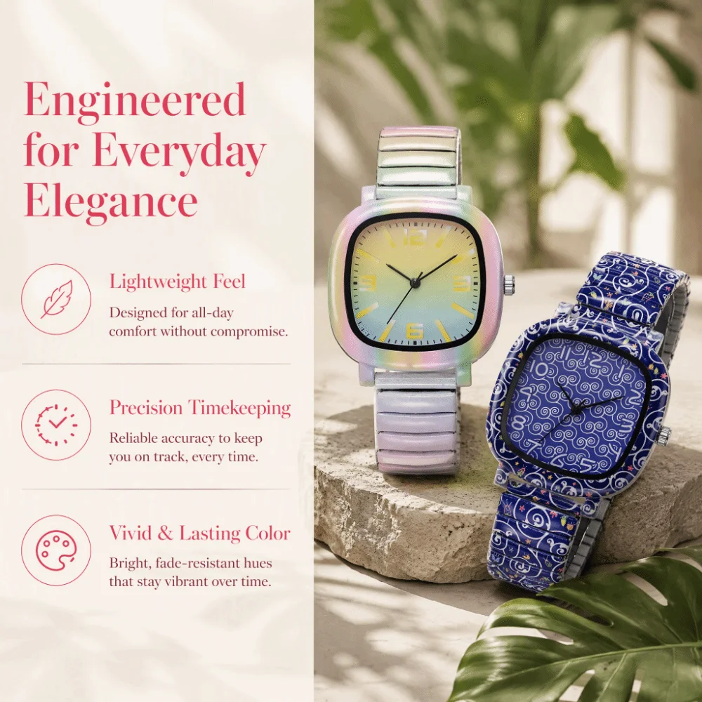 Stainless Steel Quartz Bracelet Watch Floral Printed Rainbow Gradient Square Wristwatch Elastic Colorful Stretch Strap Watch