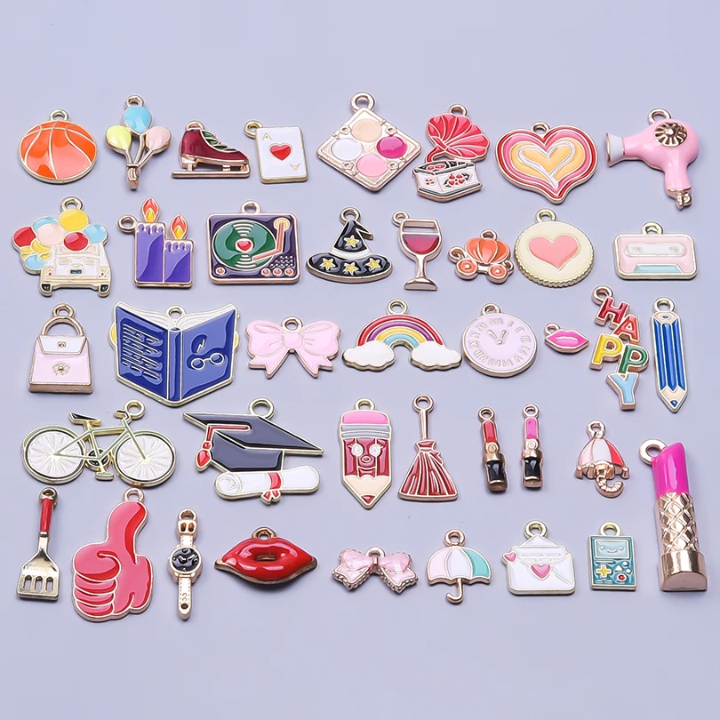 10-50pcs Fashion Cute Metal Heart Hat Lipstick Bow Enamel Charms for DIY Bracelet Keychain Earrings Pendant Jewelry Making Bulk
