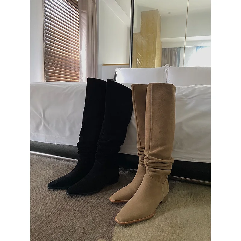 Square Toe Tigh- High Boots Woman Slip On Simple Pleated  Shoes Cow Suede Winter Botas French Style Spring Autumn Woman Boots