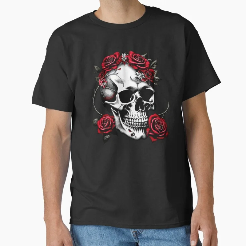 

Metalhead Skull and Red Roses Old school devil Goth style Horror skeleton Halloween gift T shirt large size Tops S-6XL