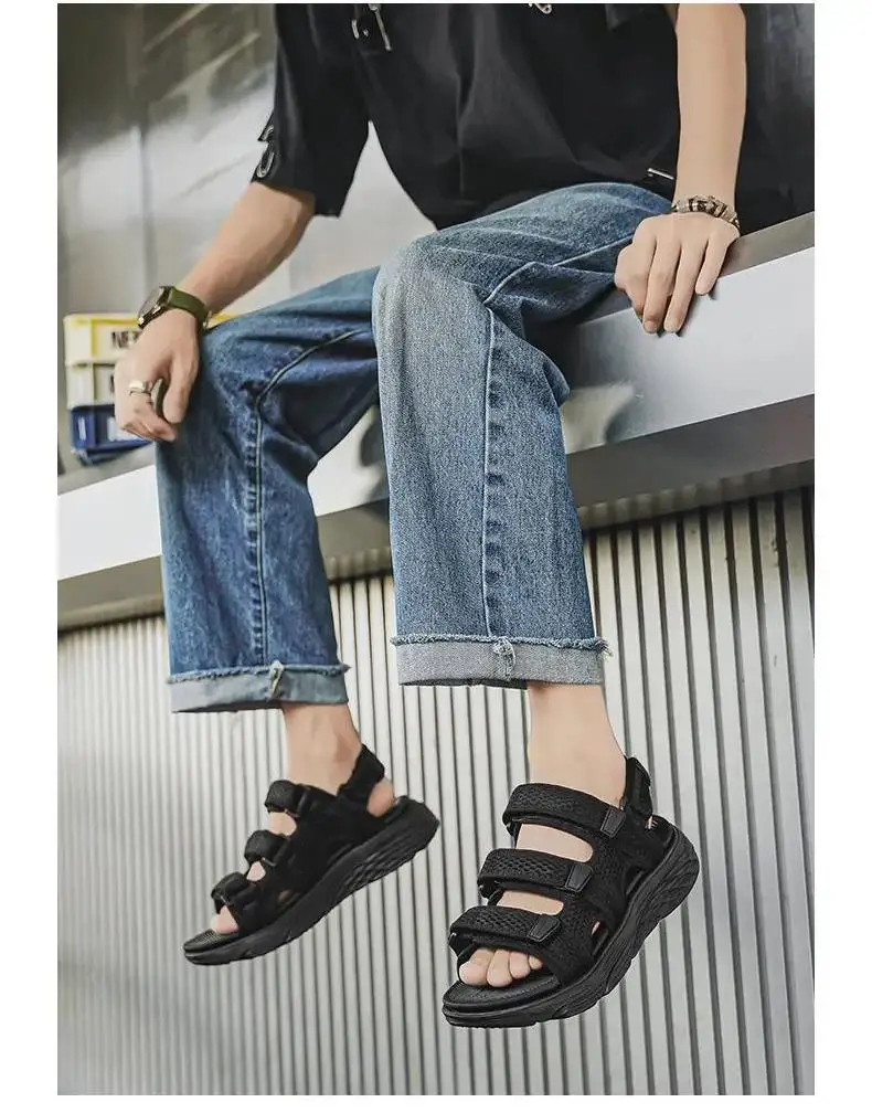 New Summer Man's Mesh One Word Big Size Casual Sport Sandal Soft Sole Non Slip Dual Purpose Outdoor Beach Sandal Slippers