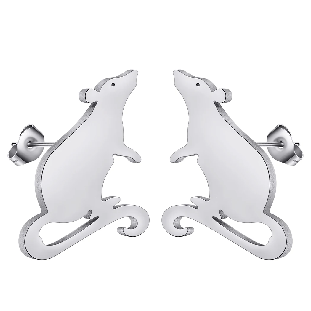 QIAMNI Naughty Rat Stud Earrings Female Men Trendy Stainless Steel Mouse Earring Cute Cartoon Rodent Animal Jewelry Kids Gift