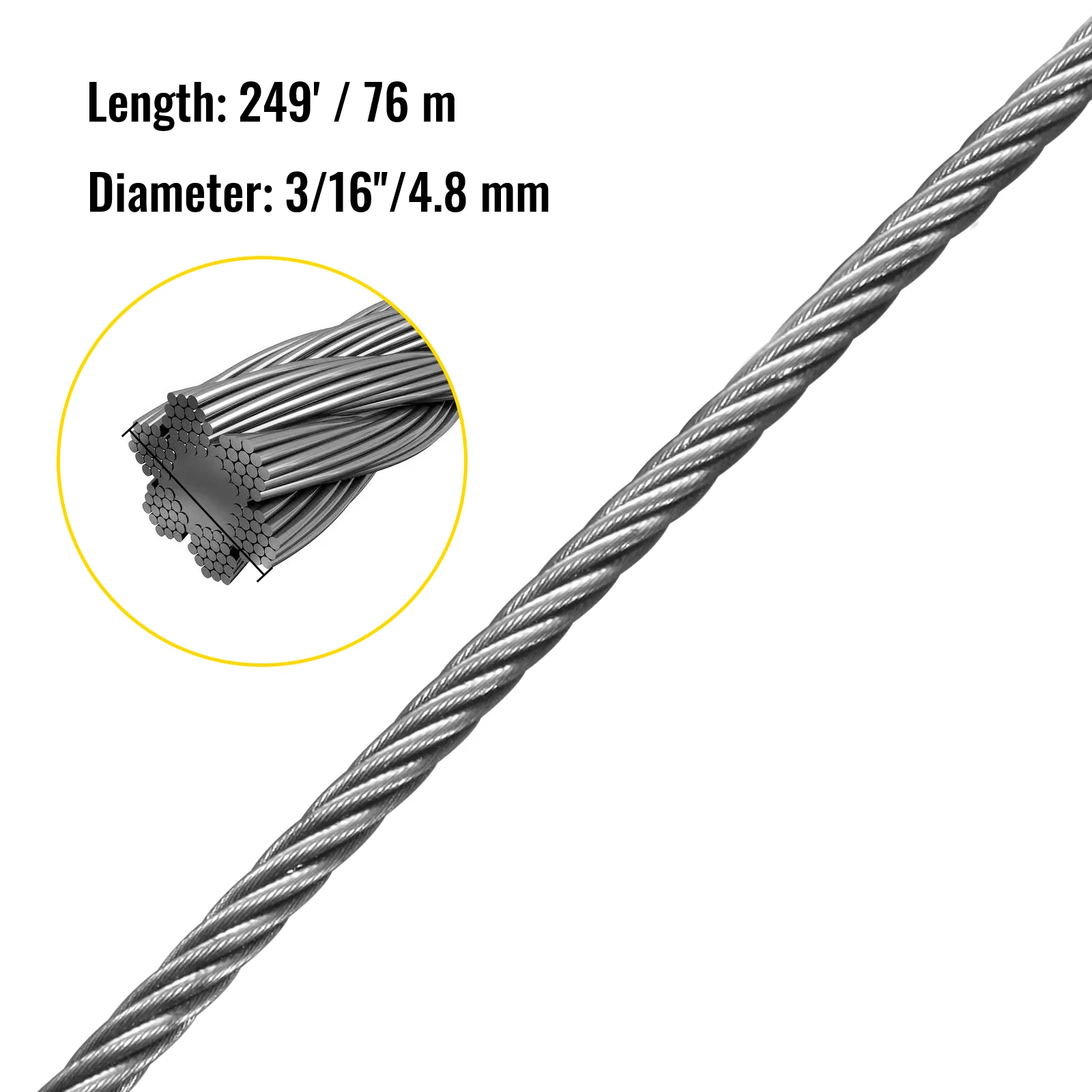 VEVOR-Cable de acero galvanizado para construcción, Cable de avión de 3/16 pulgadas, 249 pies, 7x19, con abrazaderas