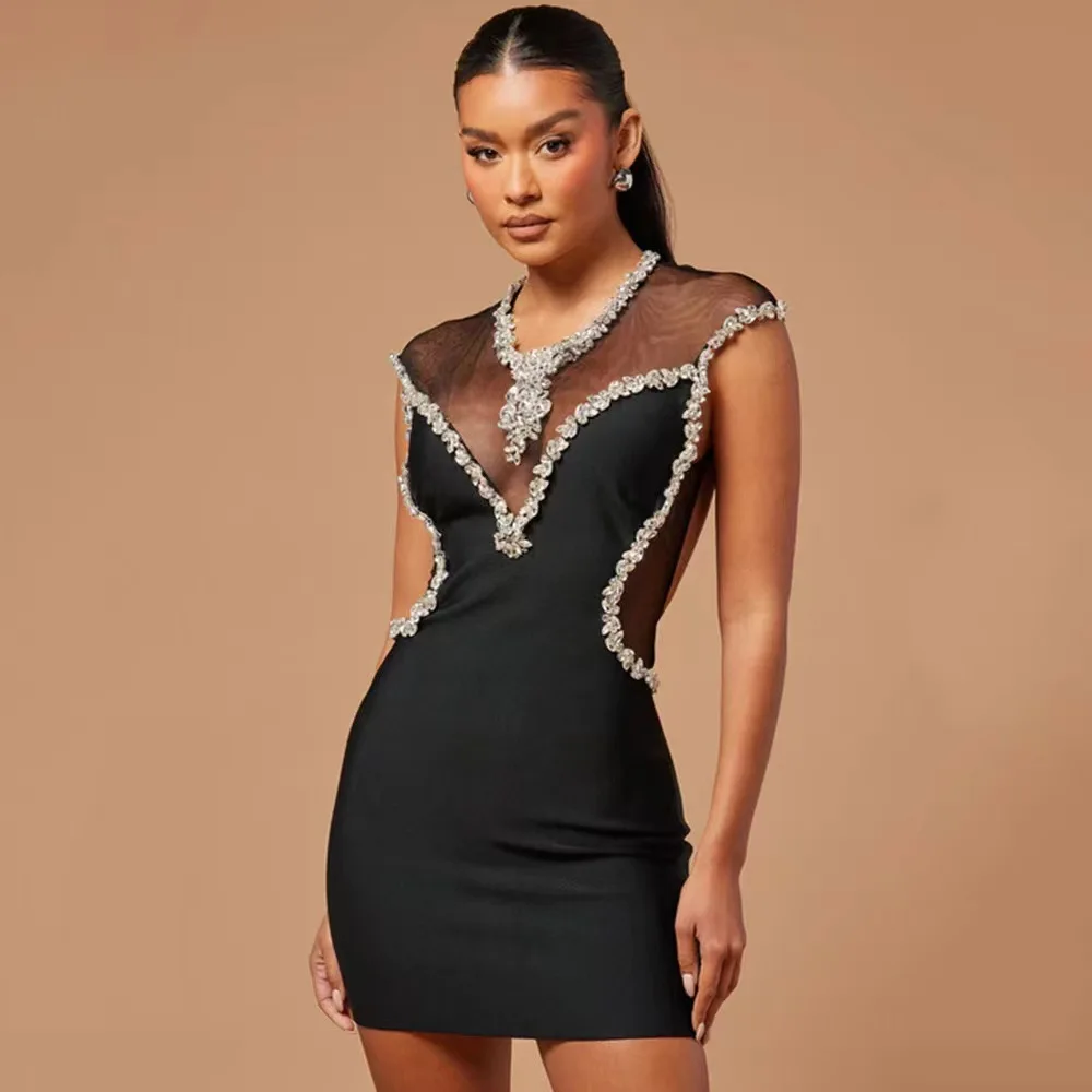 

Sexy Mesh See Through Luxury Diamonds Mini Club Dresses Backless Sleeveless Runway Cocktail Evening Party Bodycon Bandage Dress