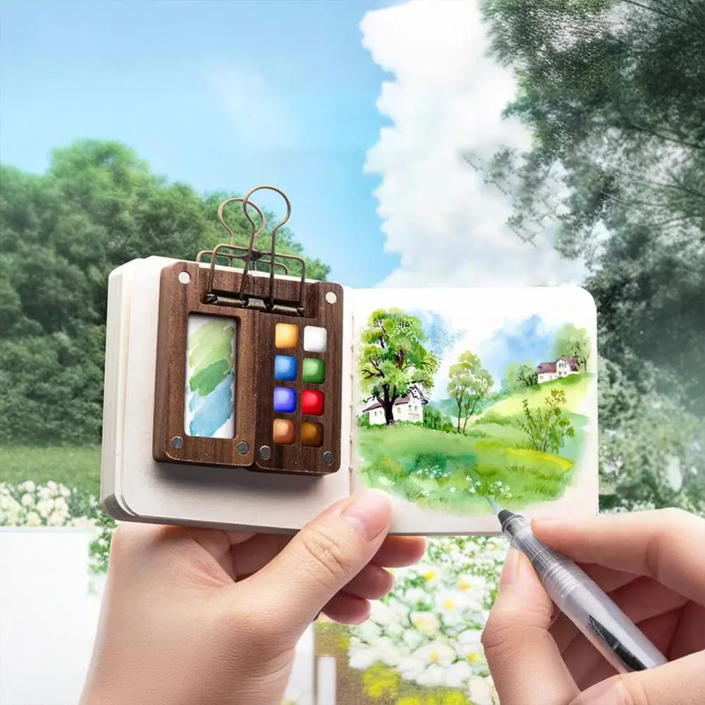ชุดพาเลทสีน้ำแบบพกพาพร้อมคลิปหนีบ กล่องสีไม้แบบมีช่องสำหรับวาดภาพสีน้ำ
