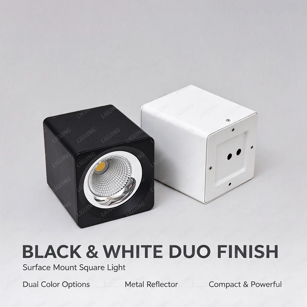 Square Surface Mounted COB LED Spotlight, Anti-Glare Cube Downlight, No Cutout Black White Aluminum Indoor Ceiling Accent Light