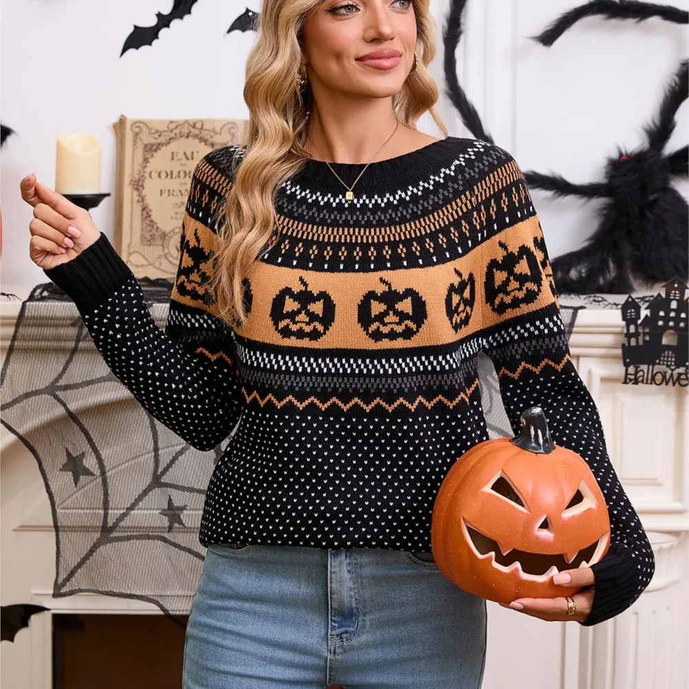 Winter Clothes Woman Pulls Femmes Women's Halloween Pumpkin Embroidered Retro Polka Dot Long Sleeve Sweater All-match Trendy