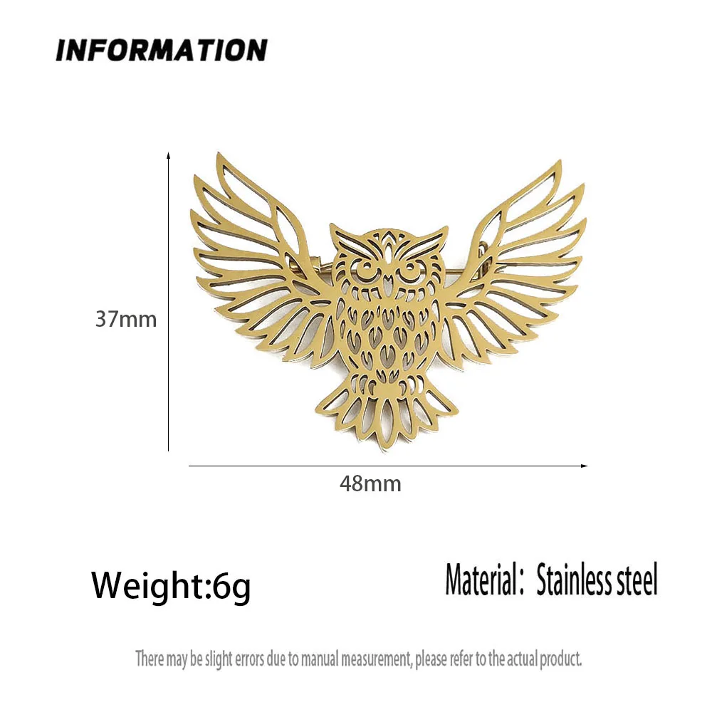 316L Stainless Steel Plated 18K Gold Spread Wing Owl Hollow‑Out Brooch Lapel Pin for Jacket Backpack Unisex Vintage Jewelry Gift