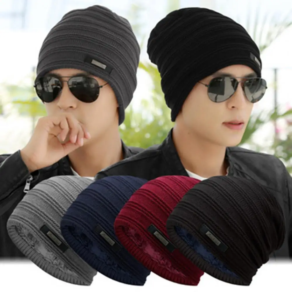 Fall Winter Unisex Piled Hat Baggy Solid Color Knitted Elastic Keep Warm Good Elasticity Outdoor Daily Wear Beanie Anti-slip Cap