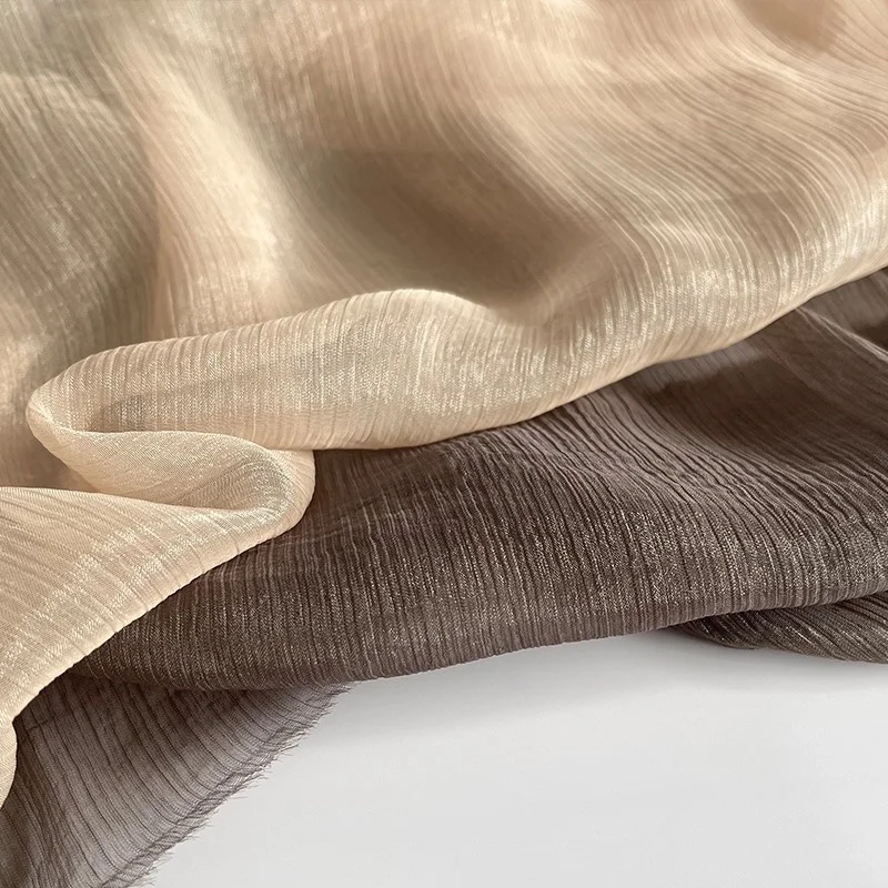 

Transparent Glossy Apricot Bean Paste Brown Vertical Pattern Silver Silk Colored Glaze Chiffon Fabric Gauze Skirt Hanfu