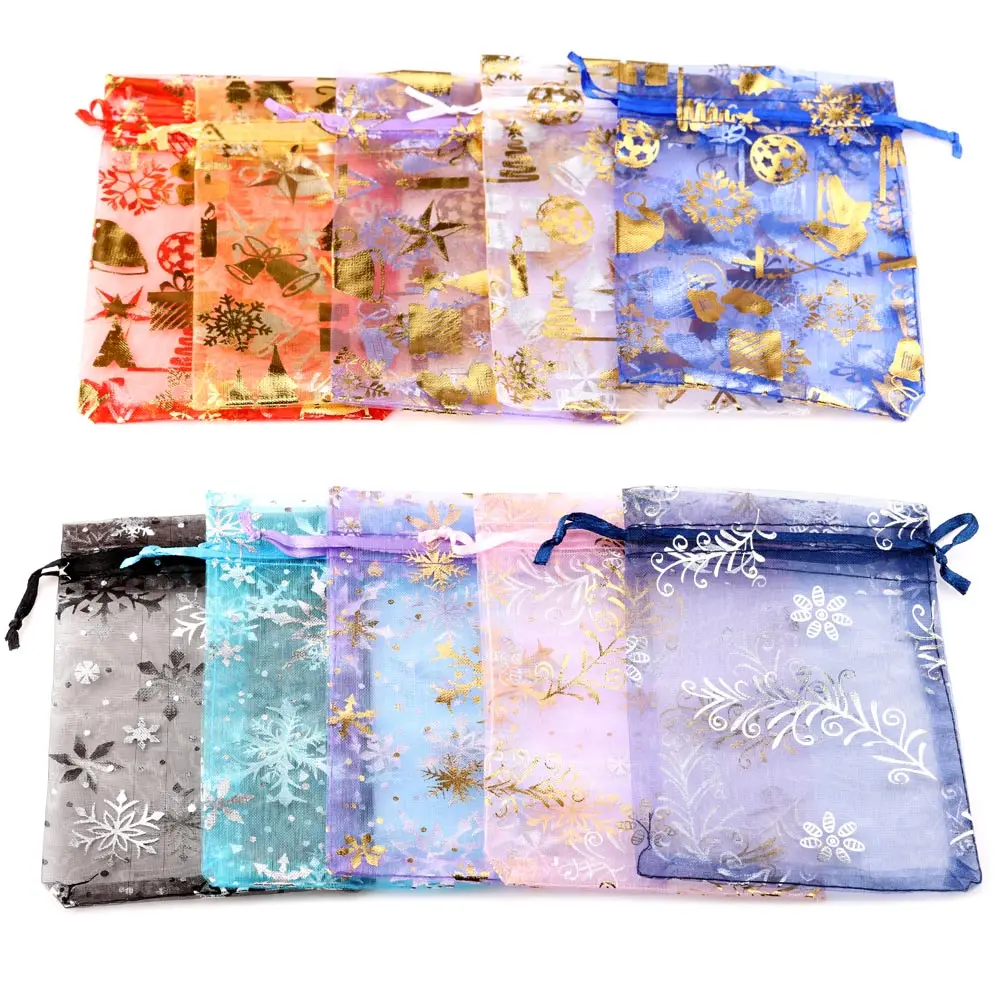 50pcs/lot Organza Bag Jewelry Packaging Hot Printing Snowflake Christmas Gift Bags Storage Wedding Drawstring Pouches Wholesale